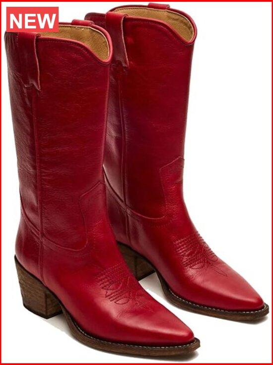 Shoes - Mid Calf Western Boots Chunky Block Low Heel Embroidery Cowgirl Booties Pull On
